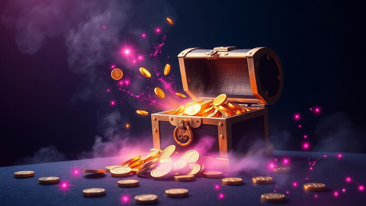 Magische schatkist met gouden munten en pink magie als symbool voor Magician Bet bonussen