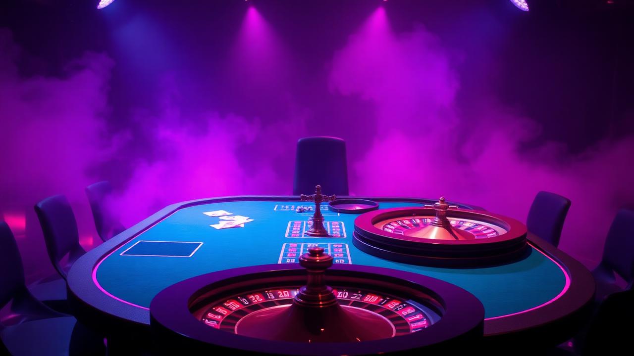 Magische live dealer tafel met paarse en pink studio lighting bij Magician Bet