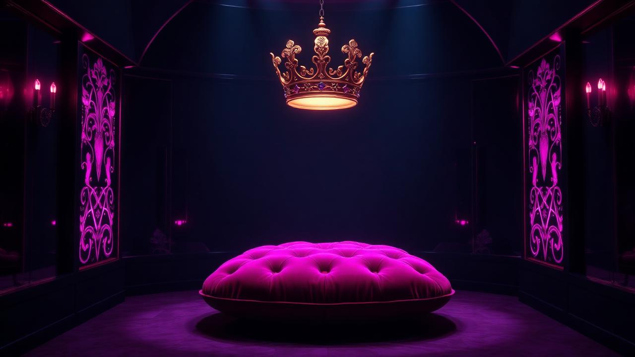 Glanzende kroon boven roze fluwelen kussen in Magician Bet VIP-kamer